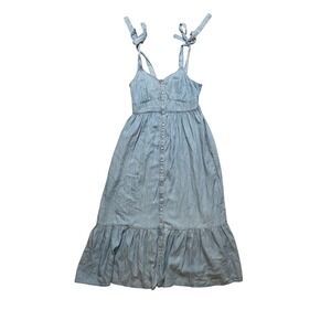 Levi's Denim Chambray pearl snap button Front Tie Strap Maxi Dress Size S